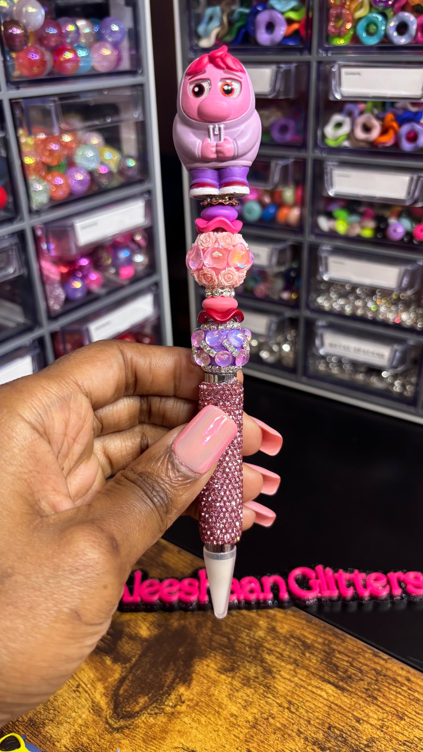 Pink Beaded Rhinestone Wax Picker Pen